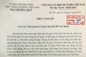 Thư cảm ơn của Ban Thường trực Ủy ban Trung ương  Mặt trận Tổ quốc Việt Nam